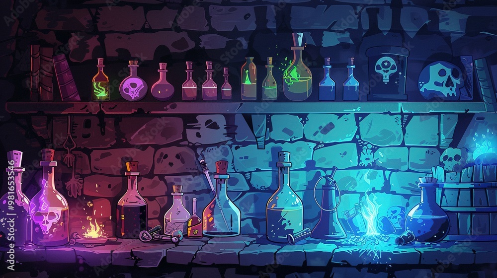 Fototapeta premium A Collection of Mystical Potions and Skulls on a Stone Shelf