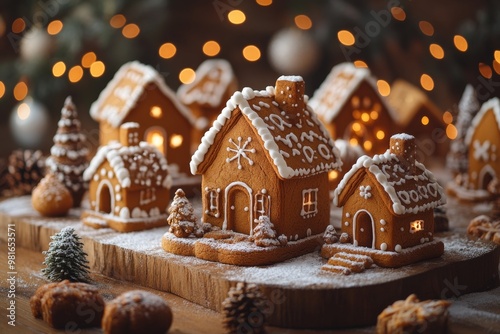 Christmas gingerbread houses on wooden table with bokeh background.. Pastries in the form of houses. Festive scene with holiday pastries. Christmas and New Year background.