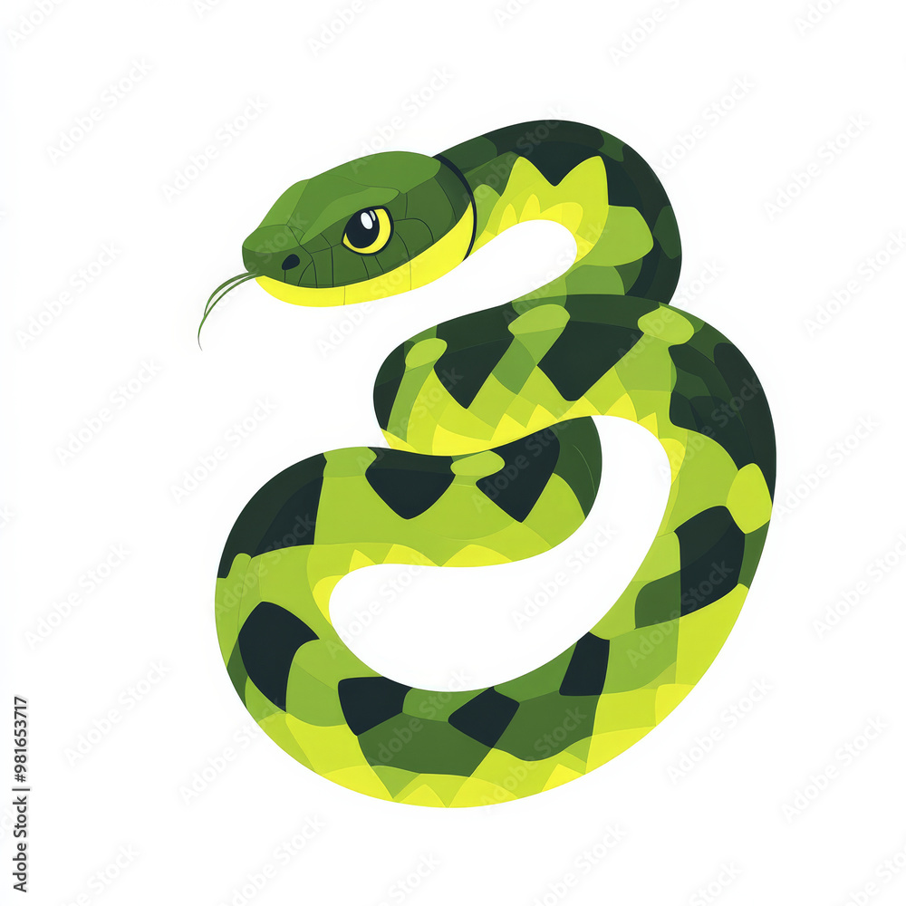 Flat design of a slithering snake, rendered in simple lines with bold green tones, isolated on white. Flat design of a slithering snake, rendered in simple lines with bold green tones, isolated on white.
