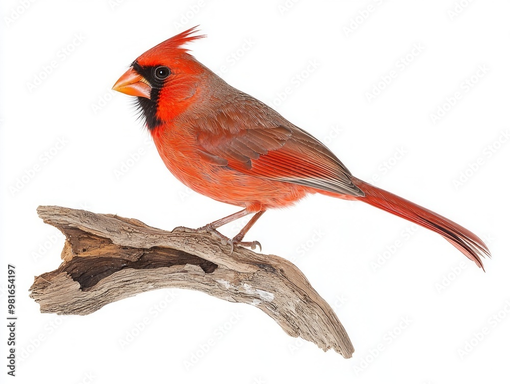 striking northern cardinal stands out with its bright red feathers, perched elegantly on a branch, showcasing a beautiful contrast against a plain white backdrop. striking northern cardinal stands out with its bright red feathers, perched elegantly on a branch, showcasing a beautiful contrast against a plain white backdrop.