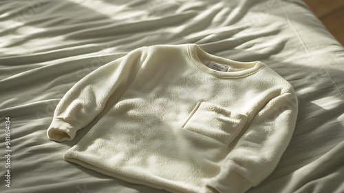 A white fleece sweater with a pocket lies on a bed.