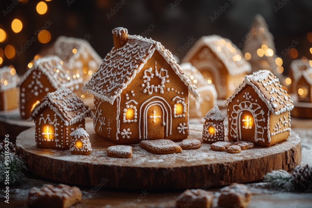 Christmas gingerbread houses on wooden table with bokeh background.. Pastries in the form of houses. Festive scene with holiday pastries. Christmas and New Year background. Christmas gingerbread houses on wooden table with bokeh background.. Pastries in the form of houses. Festive scene with holiday pastries. Christmas and New Year background.