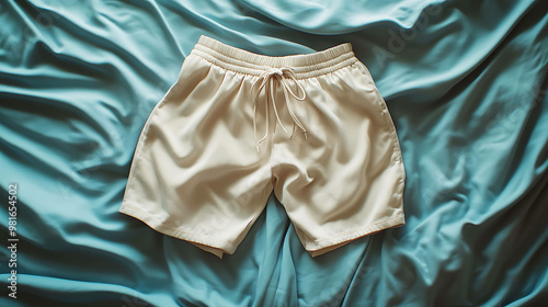 A pair of off-white, casual shorts laid out on a blue bedspread. photo