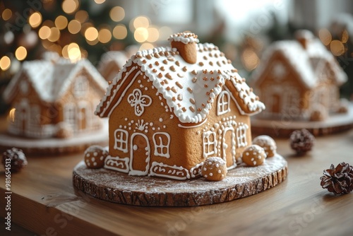 Christmas gingerbread houses on wooden table with bokeh background.. Pastries in the form of houses. Festive scene with holiday pastries. Christmas and New Year background. photo