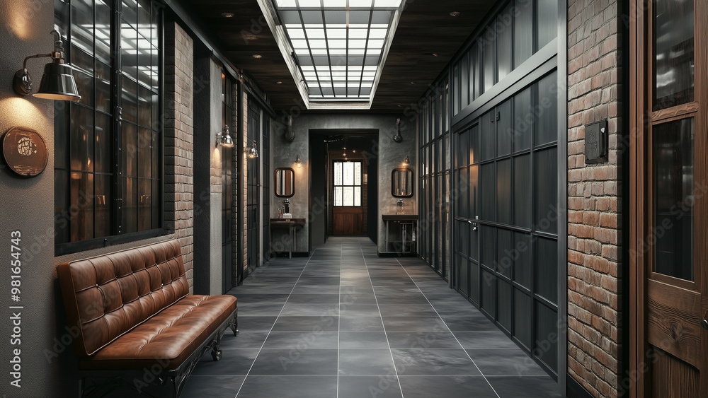 Steely Serenity: Wide Shot of Industrial Hallway with Skylights and Raw Charm Steely Serenity: Wide Shot of Industrial Hallway with Skylights and Raw Charm