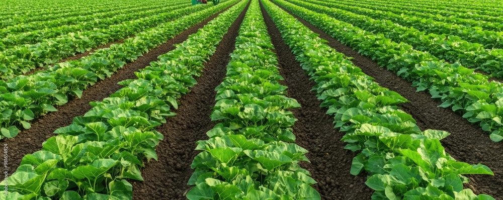 A field of organic crops with rich green leaves, showing a farmer carefully tending to the plants, highlighting sustainable agriculture A field of organic crops with rich green leaves, showing a farmer carefully tending to the plants, highlighting sustainable agriculture