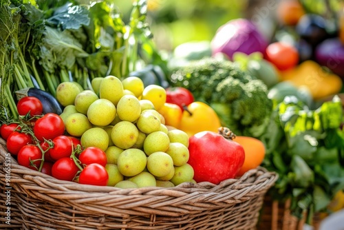 Fresh organic fruits and vegetables in wicker basket, ai