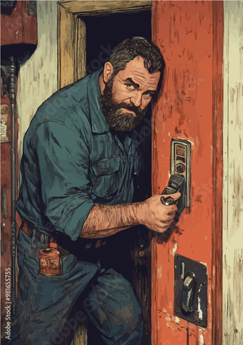 Hand-drawn illustration of a locksmith working, detailed vector for advertising and professional use.