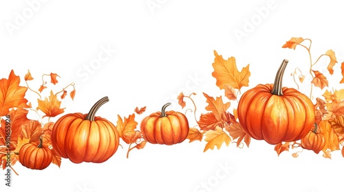 Banner with pumpkin decorative border isolated on white background. Halloween party, autumn season, harvest concept. Copy space