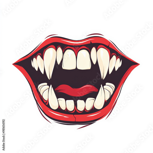 A flat design of a classic vampire fang mouth, showing sharp teeth, drawn in red and white tones, centered on a white background.