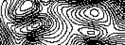 Black dithered wavy curved line background. 8 bit pixel glitch texture. Rasterized stripe overlay wallpaper. Chaotic digitalize distorted backdrop for banner, poster, flyer, brochure, booklet. Vector
