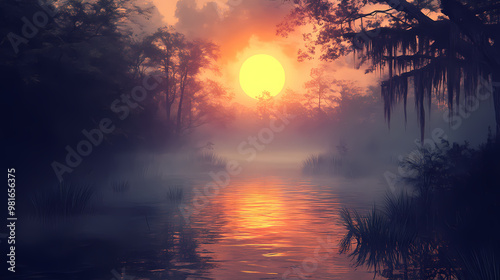 Landscape of fabulous mystical swamp with fog at sunset. Mystical. Illustration