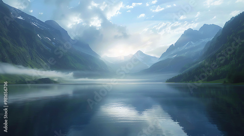 A serene mountain lake scene with fog and reflections.