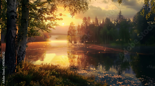 A peaceful lake scene at sunset, with a forest in the background and lily pads on the surface of the water. photo