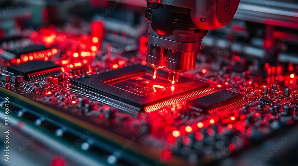 Close-up of a robotic arm performing high-precision soldering on a microchip circuit board, illuminated by vibrant red lighting. Close-up of a robotic arm performing high-precision soldering on a microchip circuit board, illuminated by vibrant red lighting.