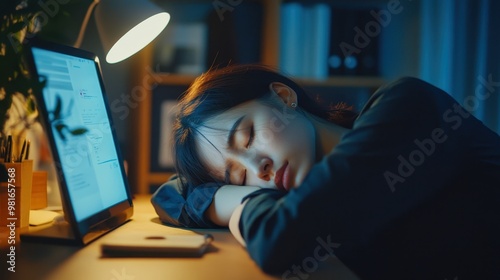 Office lady visibly depressed and stress, has her arms sprawled on his desk.