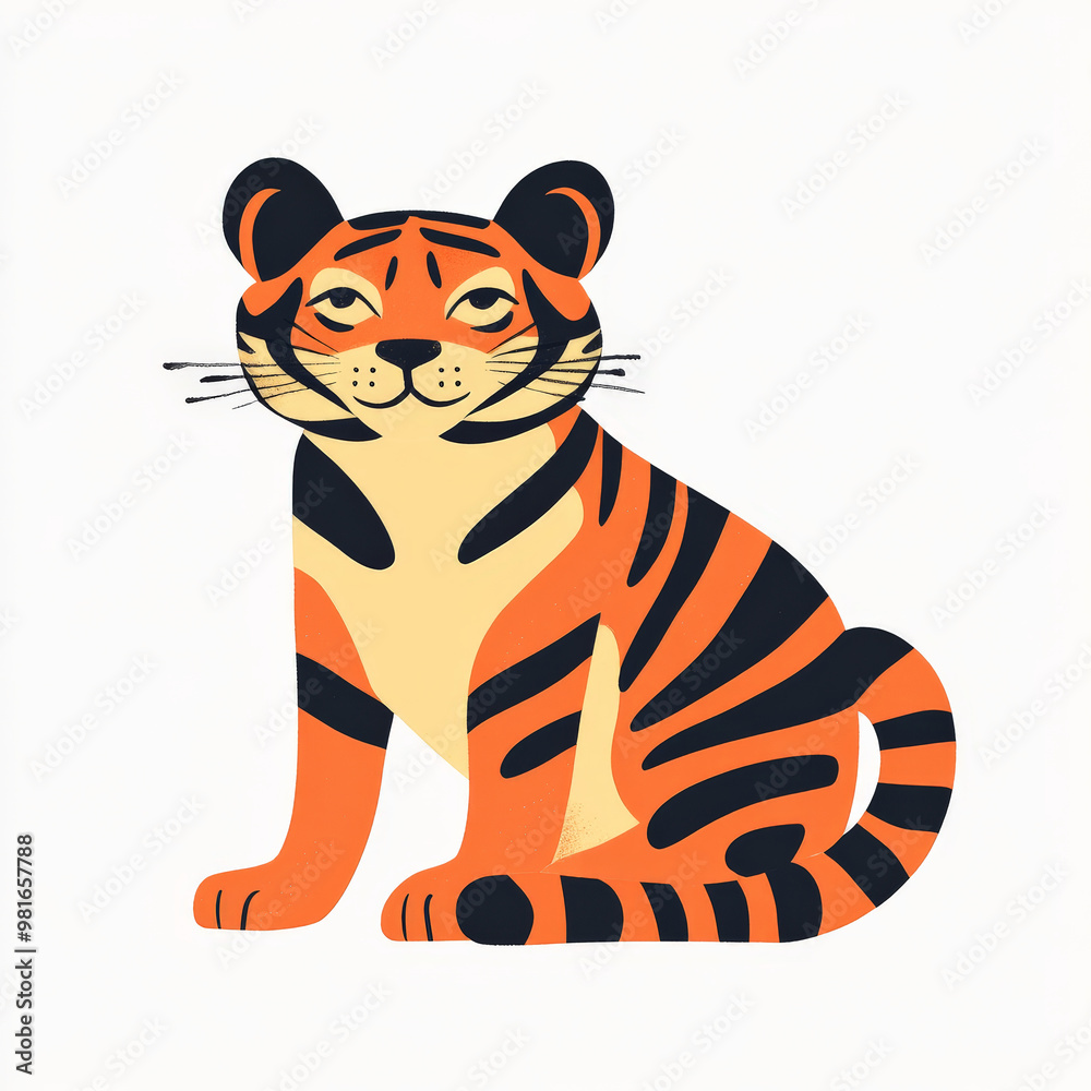 Flat design of a crouching tiger, rendered in clean lines with bright orange and black stripes, on a white background. Flat design of a crouching tiger, rendered in clean lines with bright orange and black stripes, on a white background.