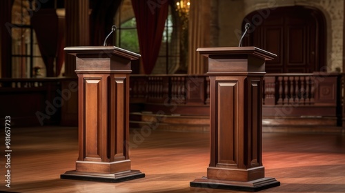 Two wooden podiums with microphones stand in a grand hall, ready for a debate or presentation. photo