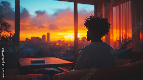 person black man sitting in front of a window, observing and contemplating the sunset or sunrise, reflecting on his future and personal growth