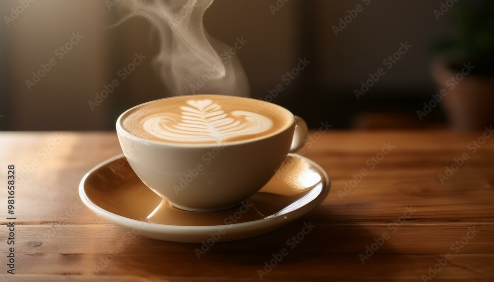 Obraz premium A beautifully poured flat white in a ceramic cup on a smooth cherry wood table, with steam c