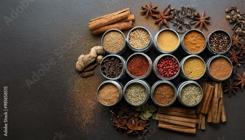  A close-up of small metal tins filled with various spices like cinnamon, cloves, and chili p