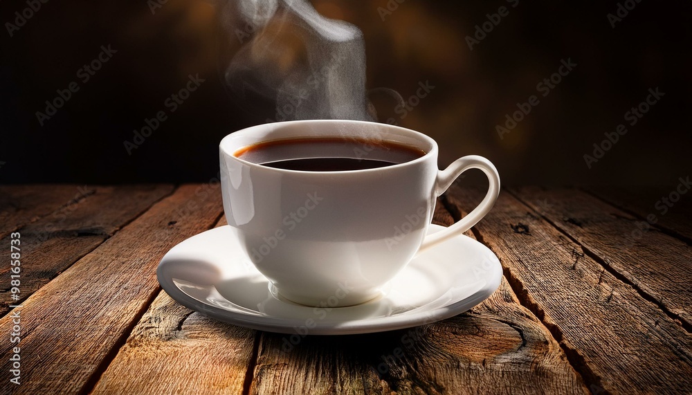A delicate white china cup with black coffee resting on a distressed barnwood table, with st A delicate white china cup with black coffee resting on a distressed barnwood table, with st