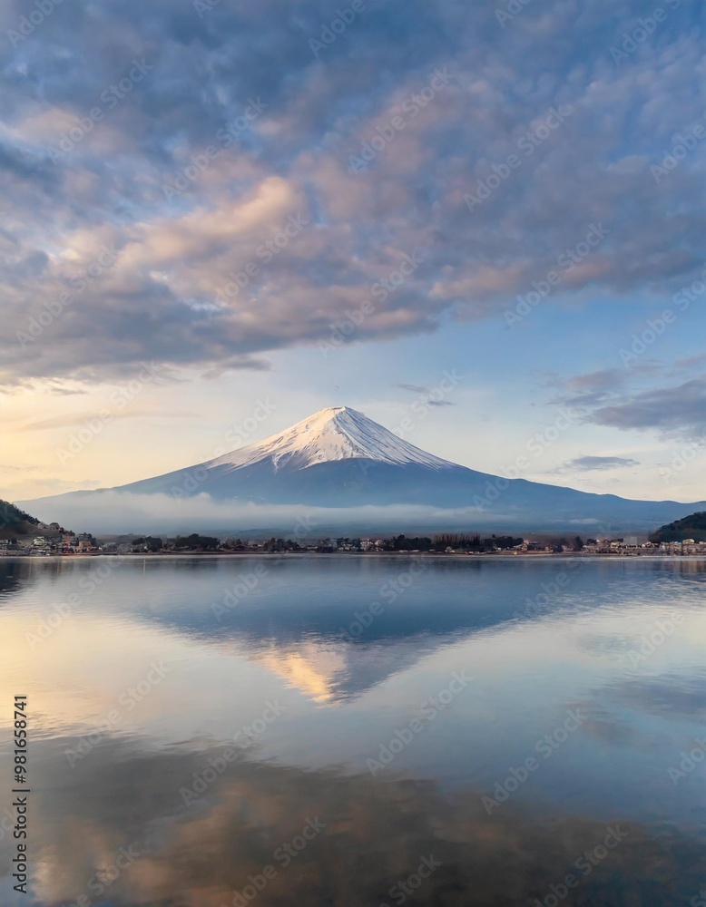 Sacred Mount Fuji Reflected in the Calm Waters of Lake Kawaguchi Sacred Mount Fuji Reflected in the Calm Waters of Lake Kawaguchi