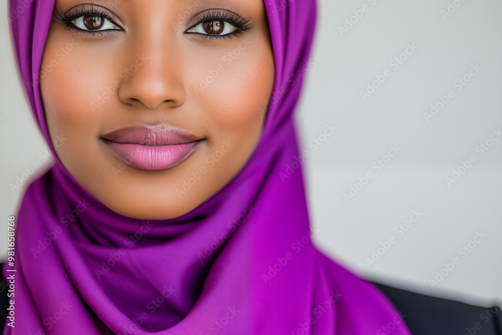 selective focus on a beautiful dark skin muslim woman wearing a purple headscarf selective focus on a beautiful dark skin muslim woman wearing a purple headscarf