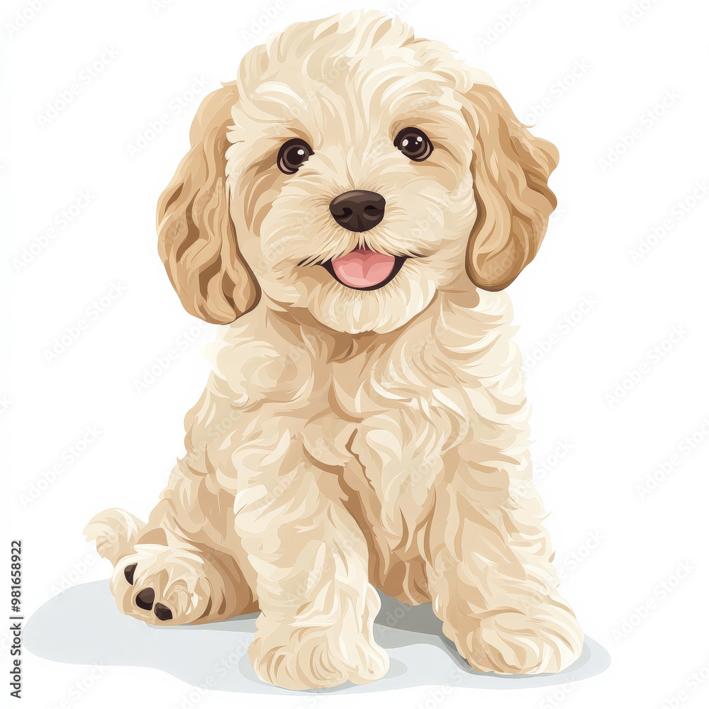 Flat design of a friendly cockapoo puppy sitting happily, rendered in light beige tones, isolated on white. Flat design of a friendly cockapoo puppy sitting happily, rendered in light beige tones, isolated on white.