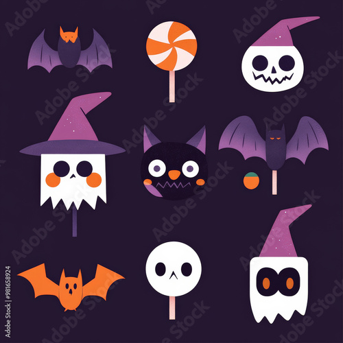 Flat Halloween characters collection featuring fun elements like candy, spooky bats, and eerie witches, in a minimalist and colorful design. photo