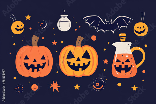 Flat design Halloween elements featuring smiling jack-o-lanterns, bats, and potions, in a playful style with clean lines and minimal shading.