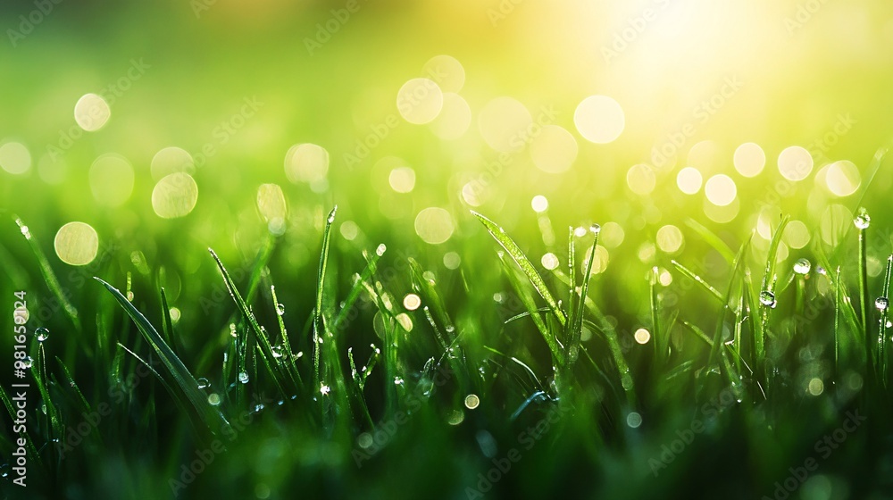 Obraz premium Dewy Grass Blades in Morning Sunlight