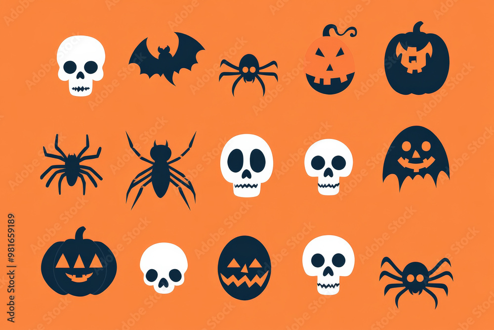 Flat design Halloween icons featuring spiders, skulls, and pumpkins in simple shapes and vibrant colors, perfect for modern designs.