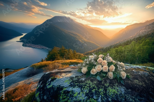 funeral floral with white roses flowers on a rock with beautiful mountain background at sunset photo