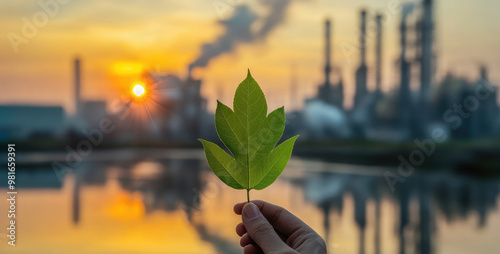 Hand holding a vibrant green leaf, clear reflection of industrial pollution in the background, symbolizing the contrast between genuine environmental efforts and deceptive greenwashing photo