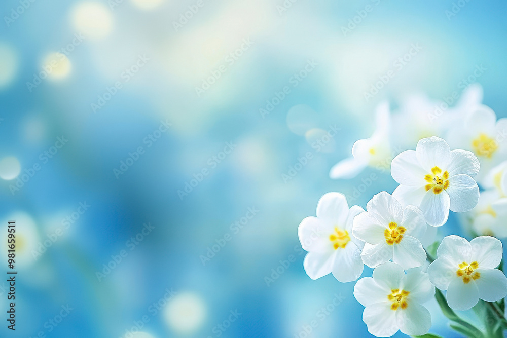 Spring forest white flowers primroses on a beautiful blue bokeh background. Also feasible for floral funeral background. Spring forest white flowers primroses on a beautiful blue bokeh background. Also feasible for floral funeral background.