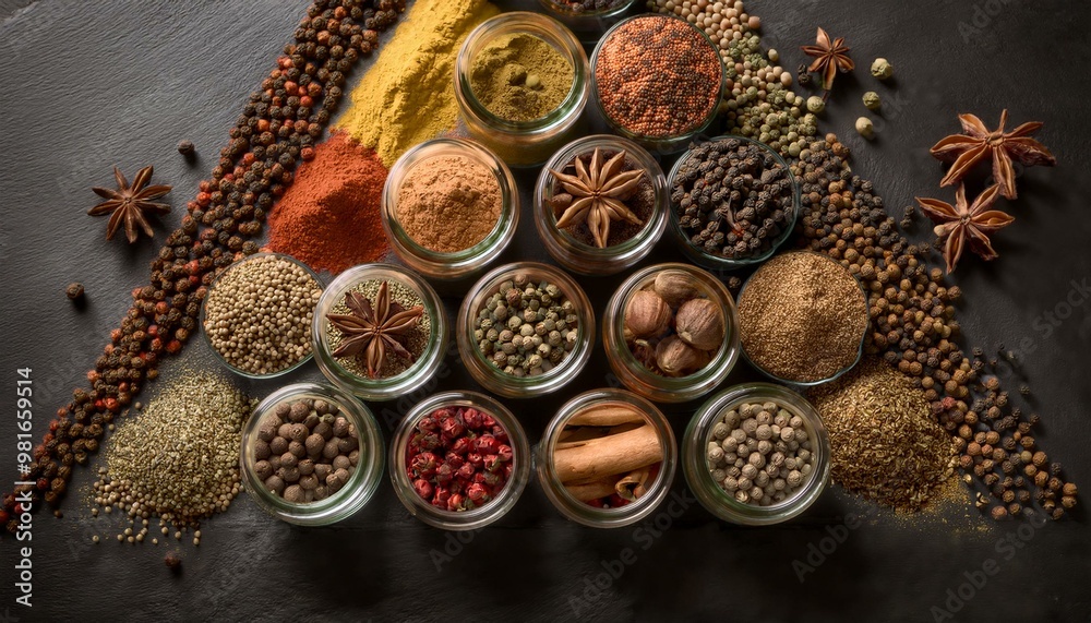 A variety of spices in small, open jars placed in a triangular formation on a dark stone tab A variety of spices in small, open jars placed in a triangular formation on a dark stone tab