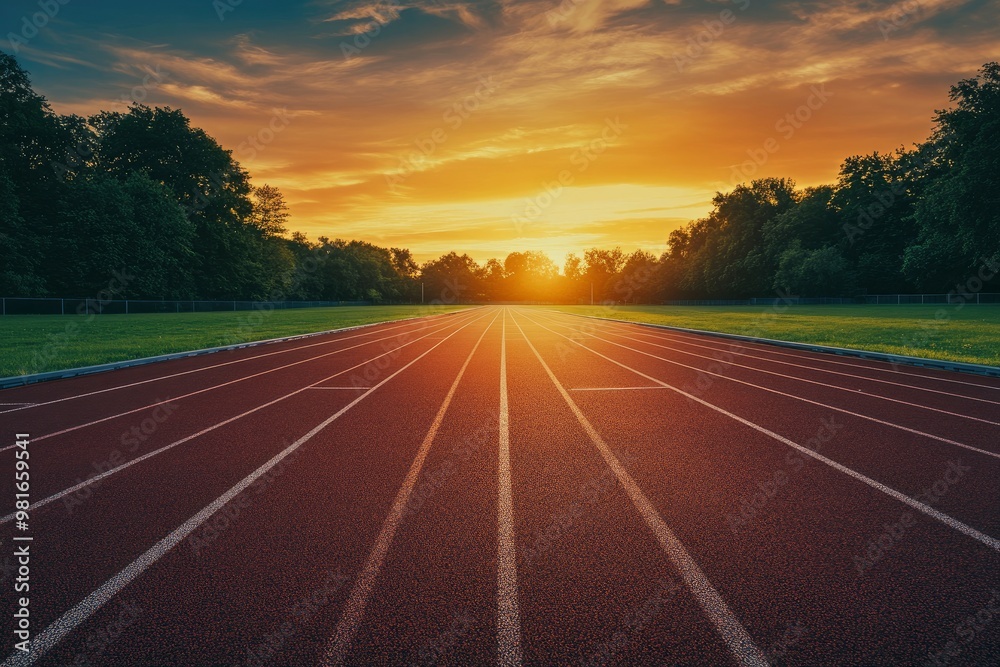 Empty nobody running track with sunset sky, sport background , ai Empty nobody running track with sunset sky, sport background , ai