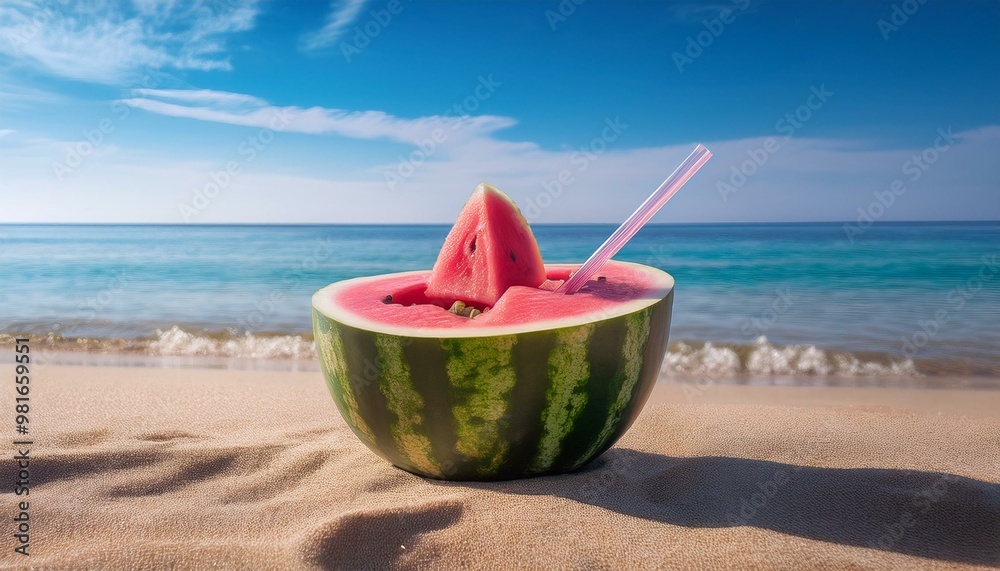 A vibrant pink watermelon cooler served in a hollowed-out watermelon, set on the sand with f A vibrant pink watermelon cooler served in a hollowed-out watermelon, set on the sand with f