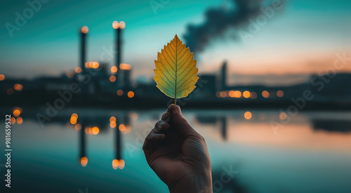 Hand holding a vibrant green leaf, clear reflection of industrial pollution in the background, symbolizing the contrast between genuine environmental efforts and deceptive greenwashing photo