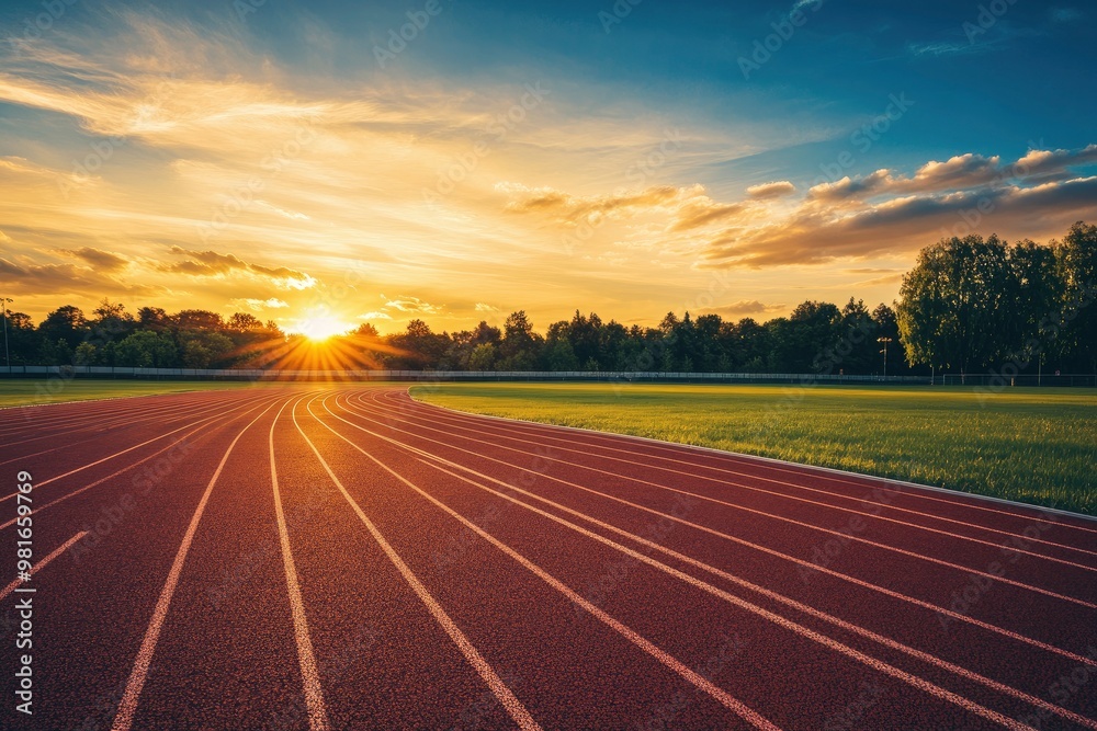 Empty nobody running track with sunset sky, sport background , ai Empty nobody running track with sunset sky, sport background , ai