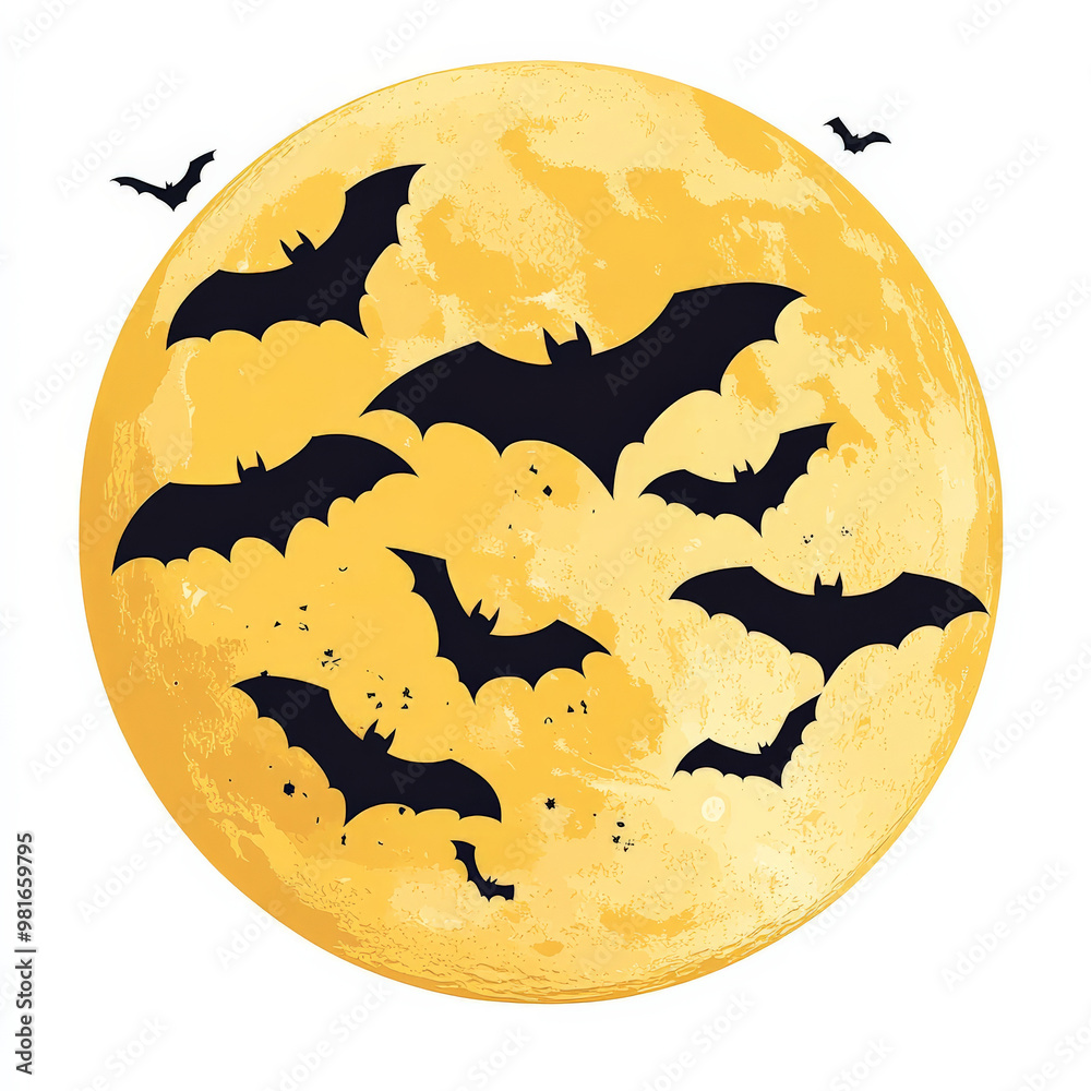 Classic flat design of a glowing full moon with bats flying, rendered in yellow and black, centered on a crisp white background. Classic flat design of a glowing full moon with bats flying, rendered in yellow and black, centered on a crisp white background.