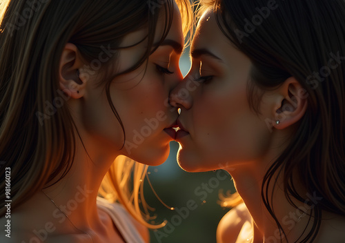 Passionate wet lesbian kiss close-up