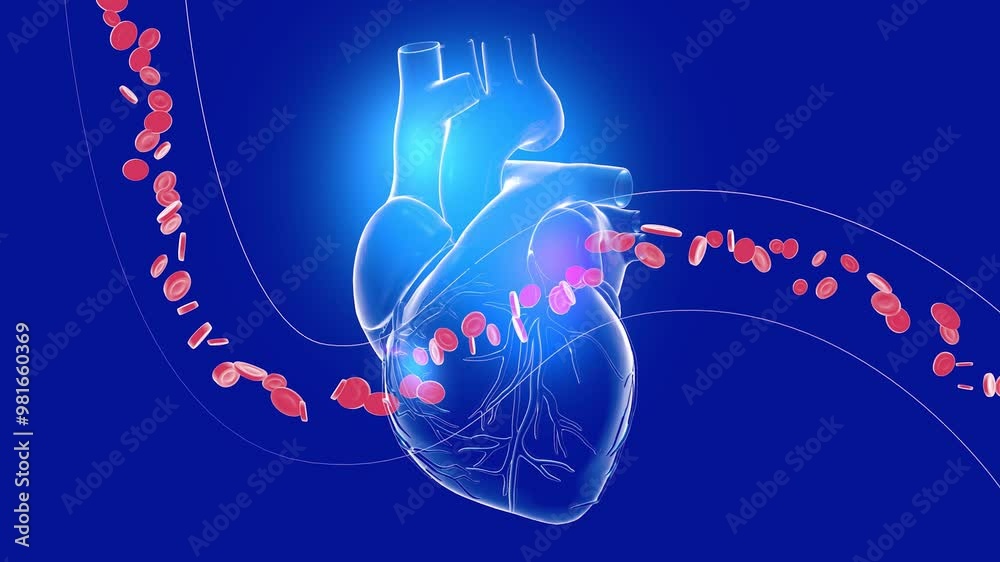 3d animation of a transparent beating heart, with coronary arteries. With an artery or vein showing the circulation of red blood cells. Cut out on blue background.