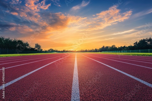 Empty nobody running track with sunset sky, sport background , ai