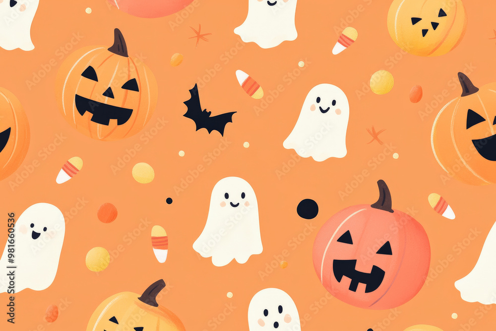 A cute Halloween seamless pattern with smiling pumpkins, friendly ghosts, and candy corn scattered across a pastel orange background.