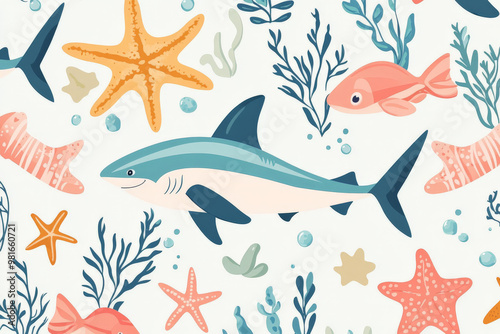 A playful seamless marine pattern featuring sharks, starfish, and seaweed in colorful pastels, ideal for fun ocean-themed prints. photo