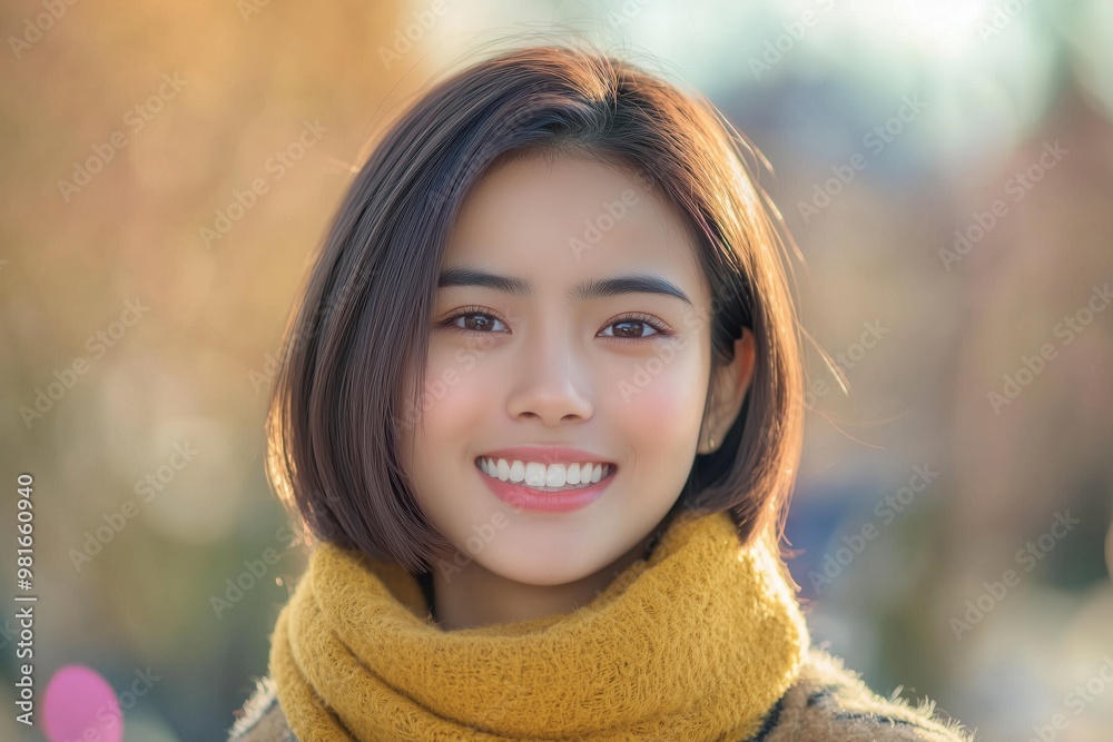 Backlit image of a Smiling charming southeaster Asian young brunette posing at a beautiful park looking at the camera Backlit image of a Smiling charming southeaster Asian young brunette posing at a beautiful park looking at the camera