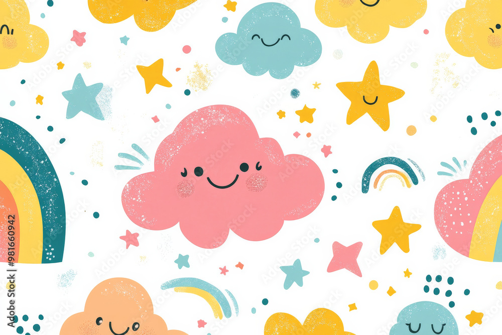 A whimsical doodle pattern featuring smiling clouds, rainbows, and stars in bright, bold colors, perfect for children's wallpaper or bedding. A whimsical doodle pattern featuring smiling clouds, rainbows, and stars in bright, bold colors, perfect for children's wallpaper or bedding.