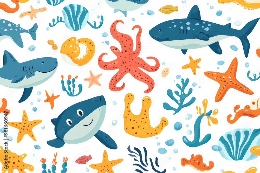 Seamless marine pattern with colorful sea creatures like sharks, octopuses, and starfish in bold colors for fun children's wallpaper. Seamless marine pattern with colorful sea creatures like sharks, octopuses, and starfish in bold colors for fun children's wallpaper.
